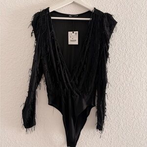 Zara Elegant Black Textured Fringe Bodysuit-Timeless Elegance